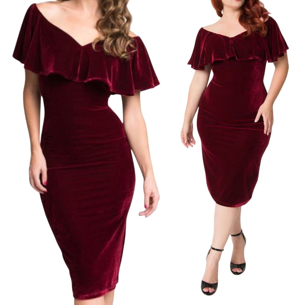 Unique Vintage Burgundy Velvet Midi Dress